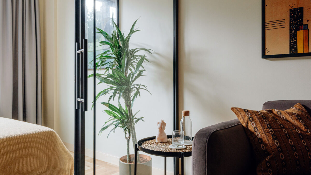 A calm Larsen interior with a plant and a small table